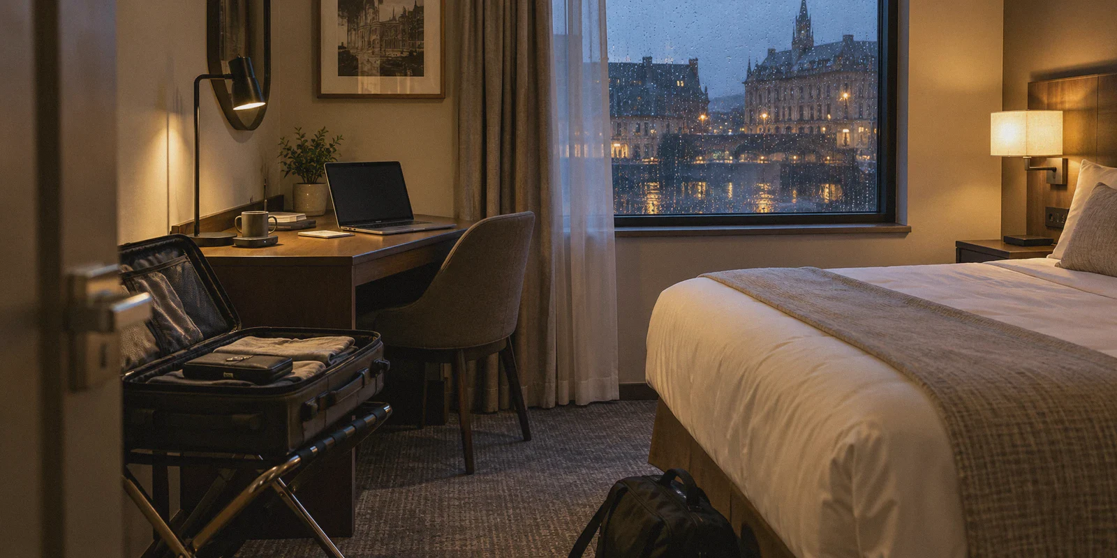 A travel router and laptop in a partially unpacked hotel room.
