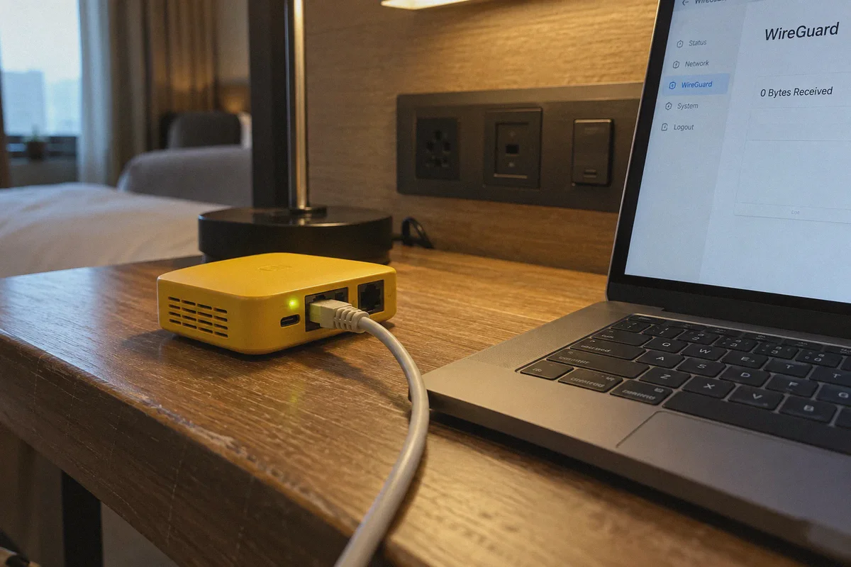 A travel-router setup showing zero received bytes.