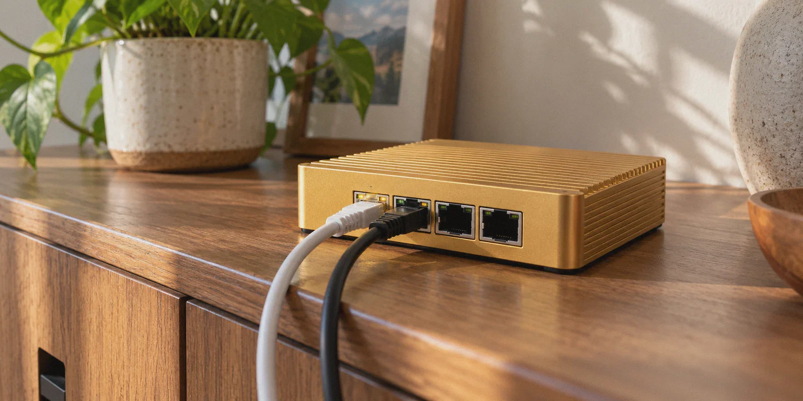 Compact gold home firewall with connected Ethernet cables.