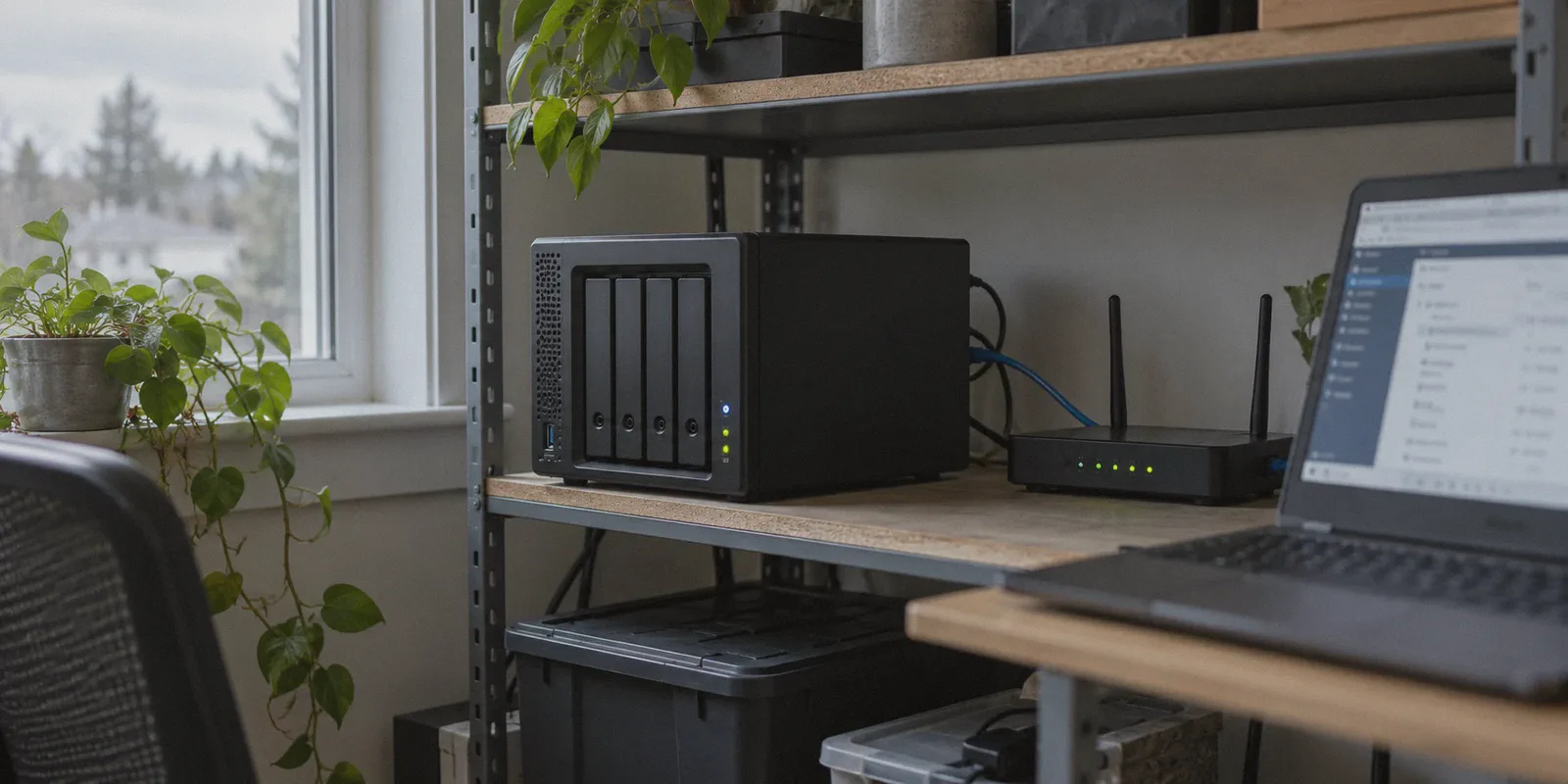 A compact home NAS and its local network equipment.