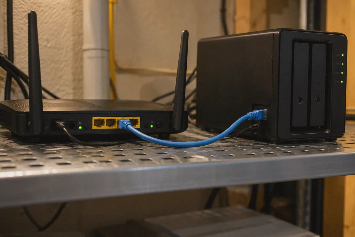 A physical Ethernet connection between a home router and NAS.