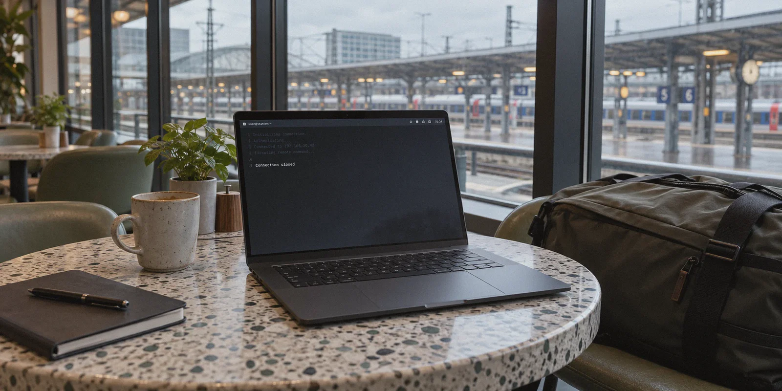 Laptop with a closed remote terminal session in a station café.