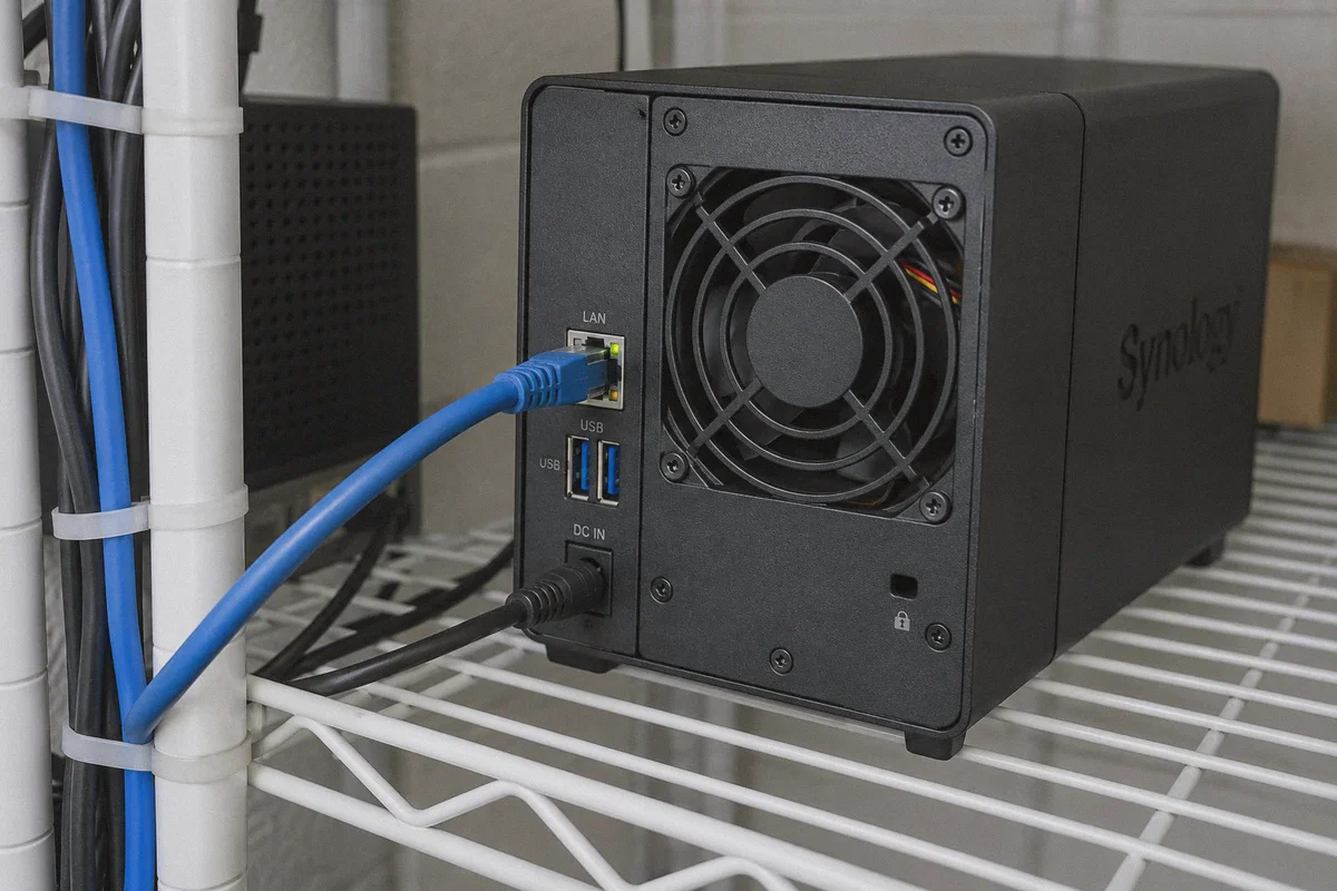 The Ethernet connection at the back of a home NAS.