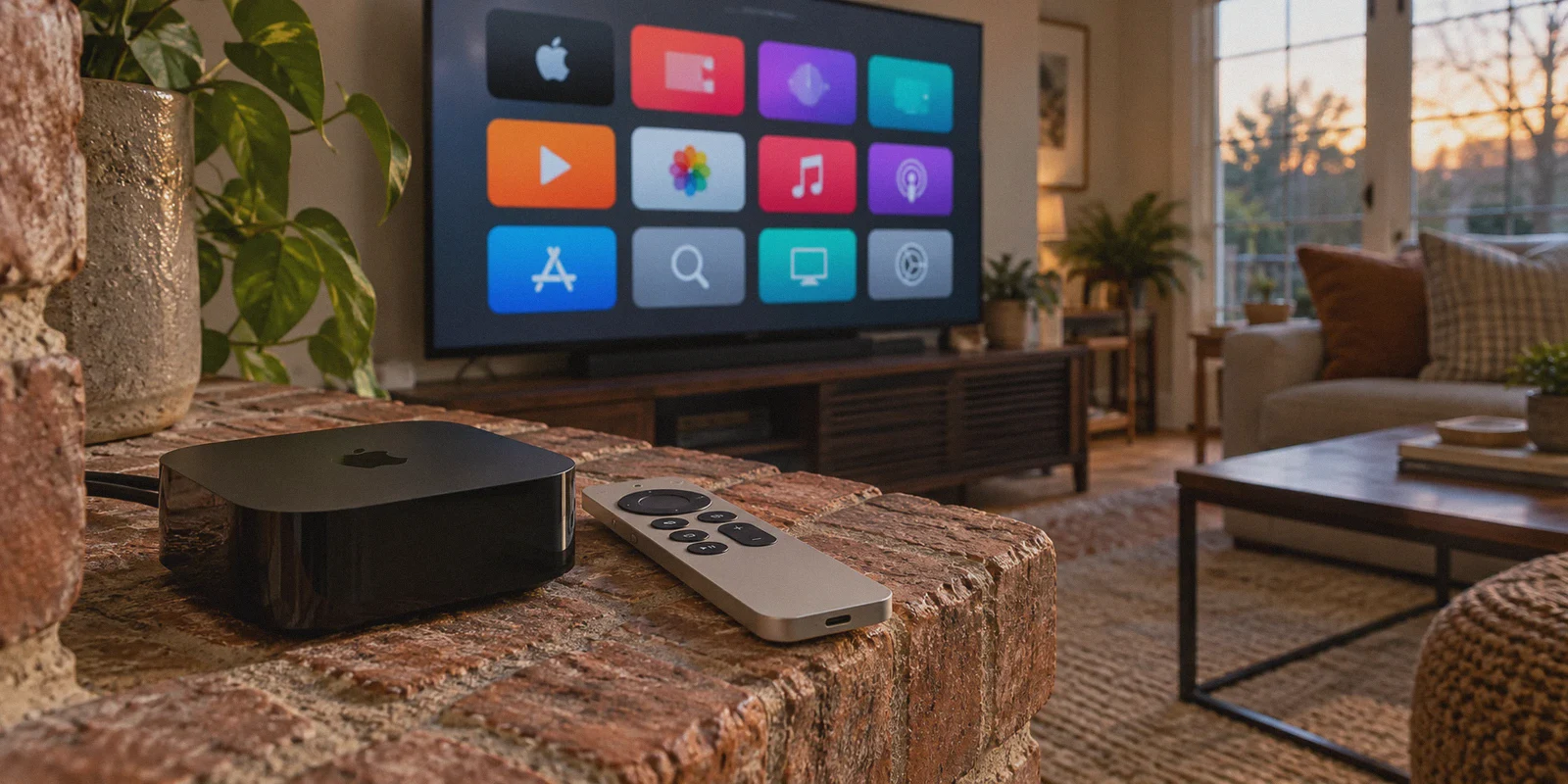 An Apple TV and Siri Remote beside a television home screen.