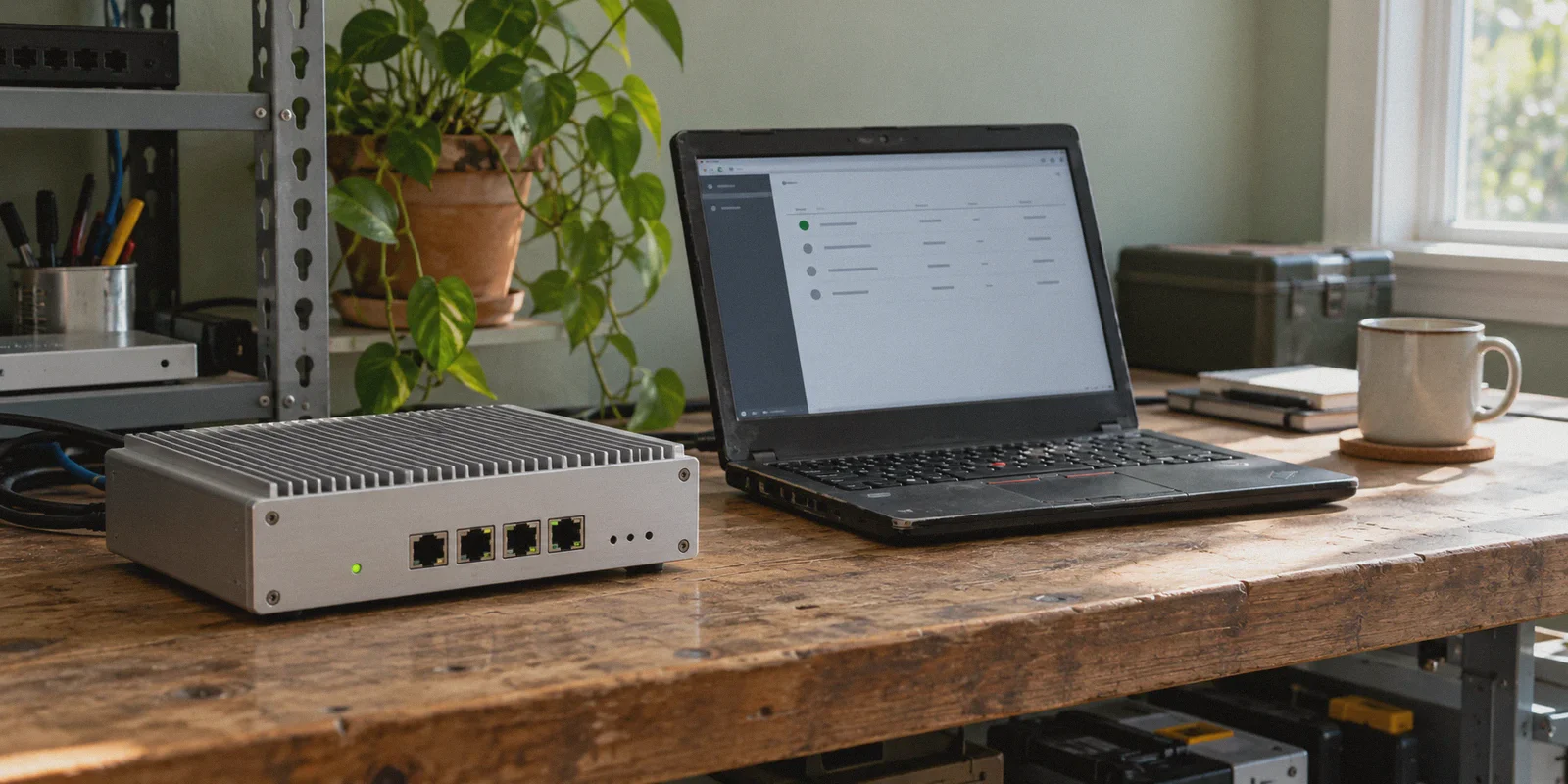 An authentic home-lab workbench with a fanless brushed aluminum four-port firewall appliance and a small worn laptop displaying a sparse network status table, one green status dot, no legible fine text