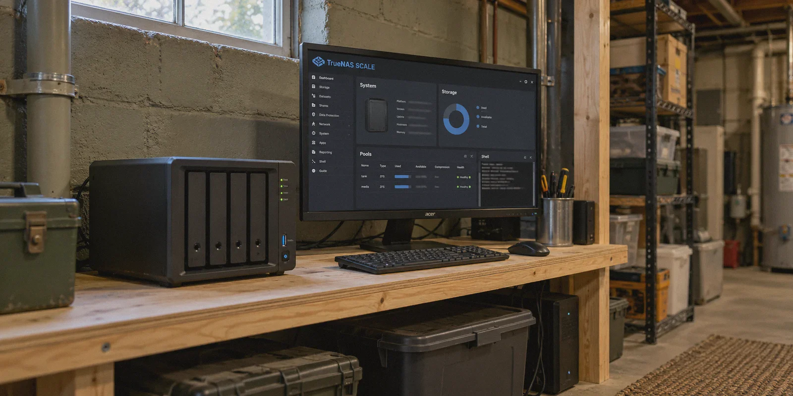 A TrueNAS SCALE home storage setup on a utility shelf.
