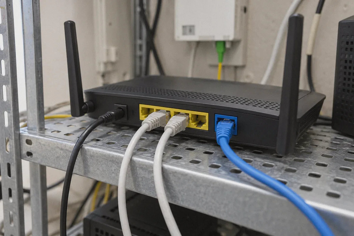 Physical router connections in a home network.