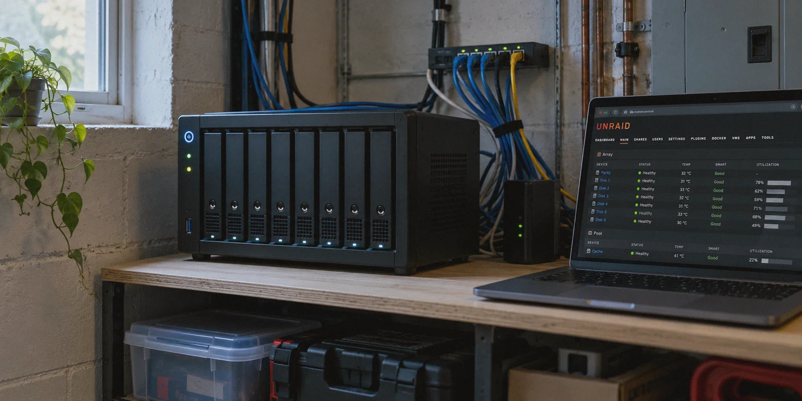 Multi-drive home server beside a local management laptop.
