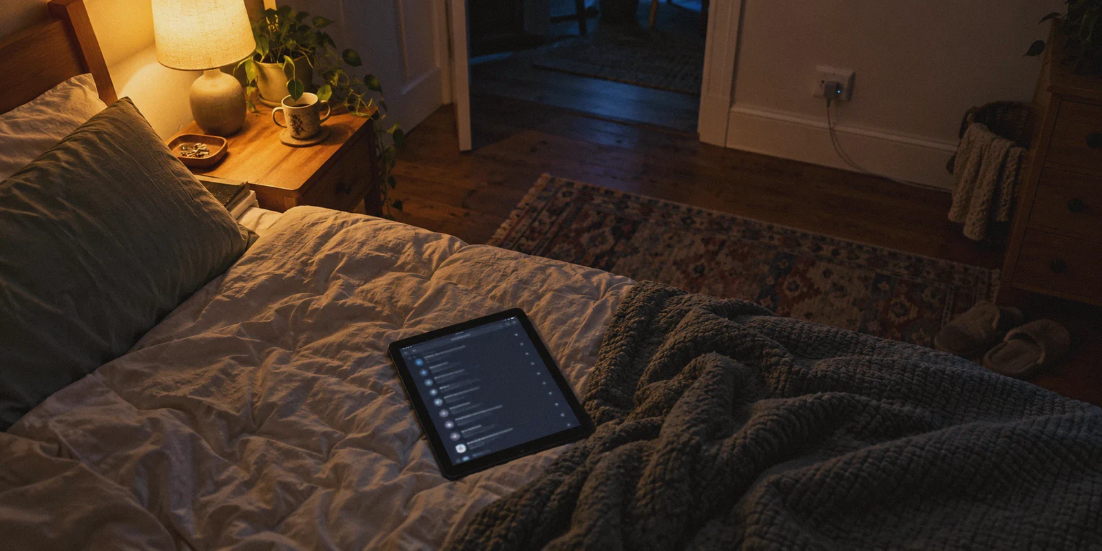 Tablet with a browser history list in a quiet apartment.