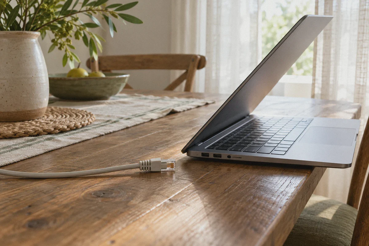 Unplugged Ethernet cable beside a laptop.