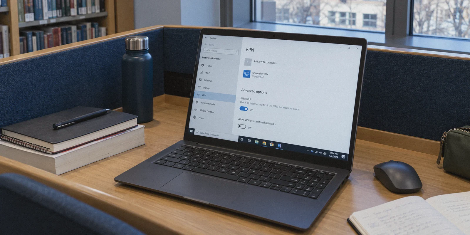 Laptop displaying a kill switch setting in a library carrel.