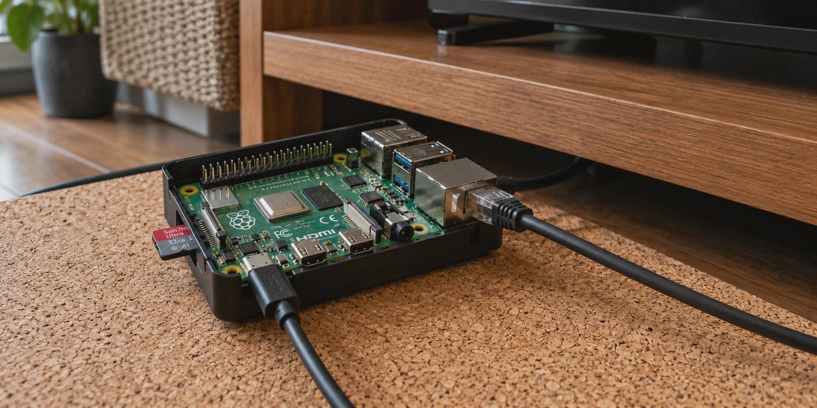 Raspberry Pi connected beside a television cabinet.