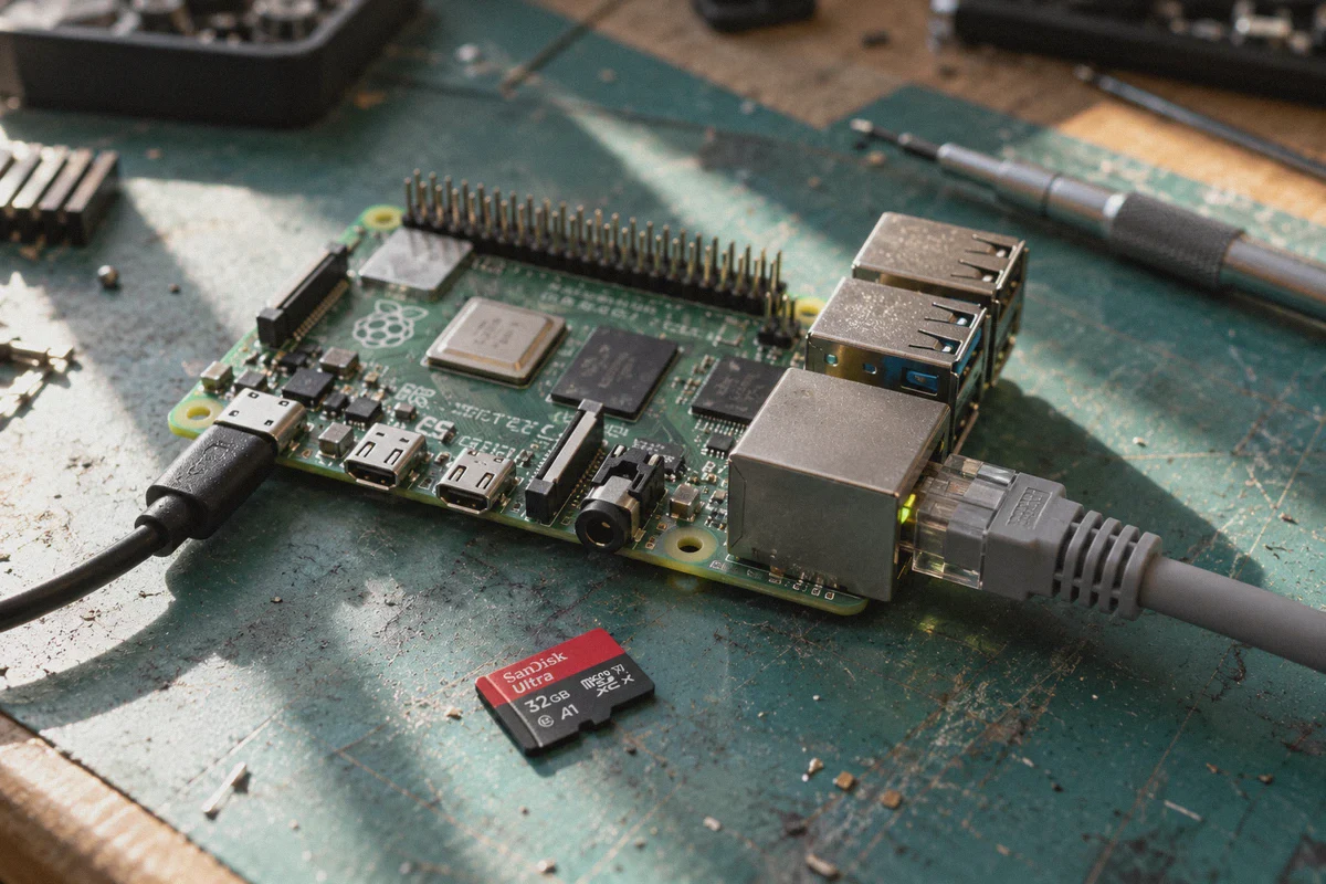 MicroSD storage and a Raspberry Pi Ethernet connection.