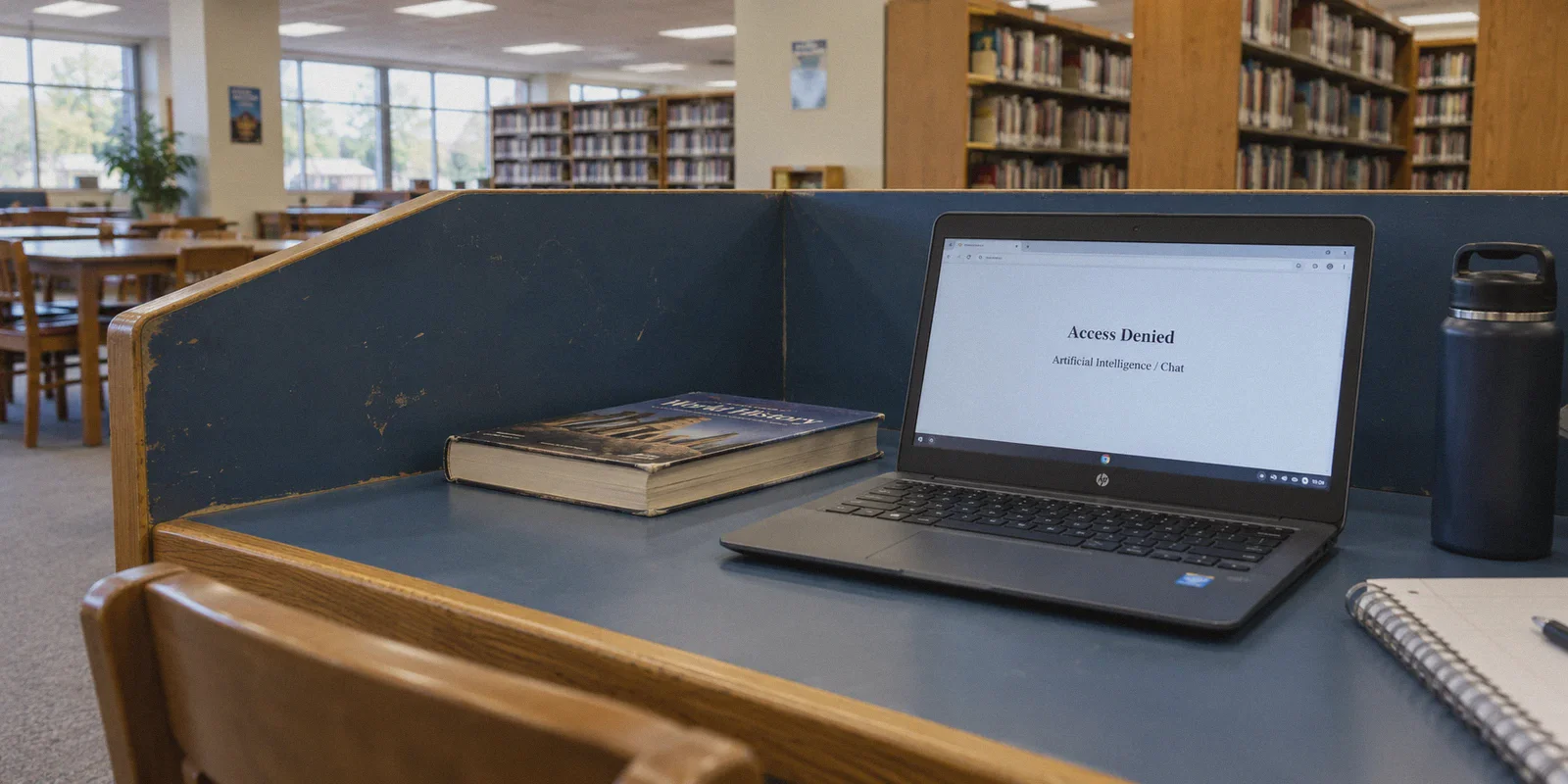 School study carrel with a browser displaying an access restriction.