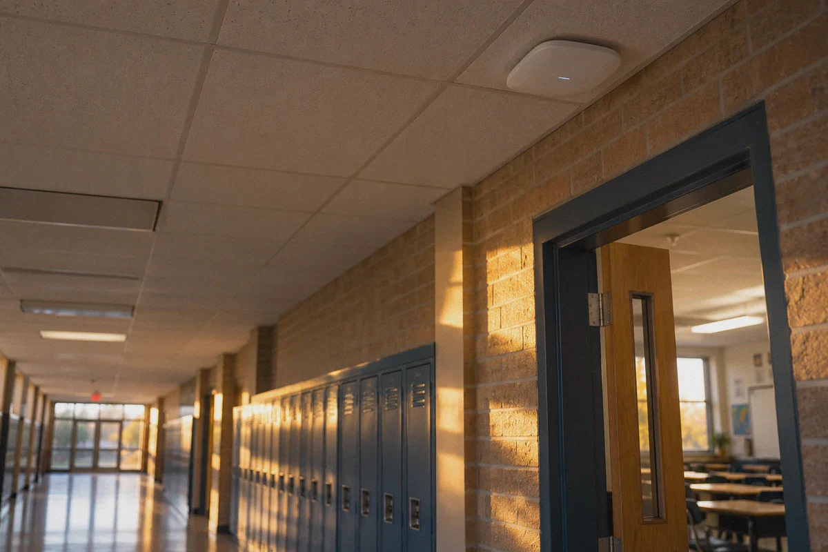 Ceiling-mounted Wi-Fi access point in a school corridor.