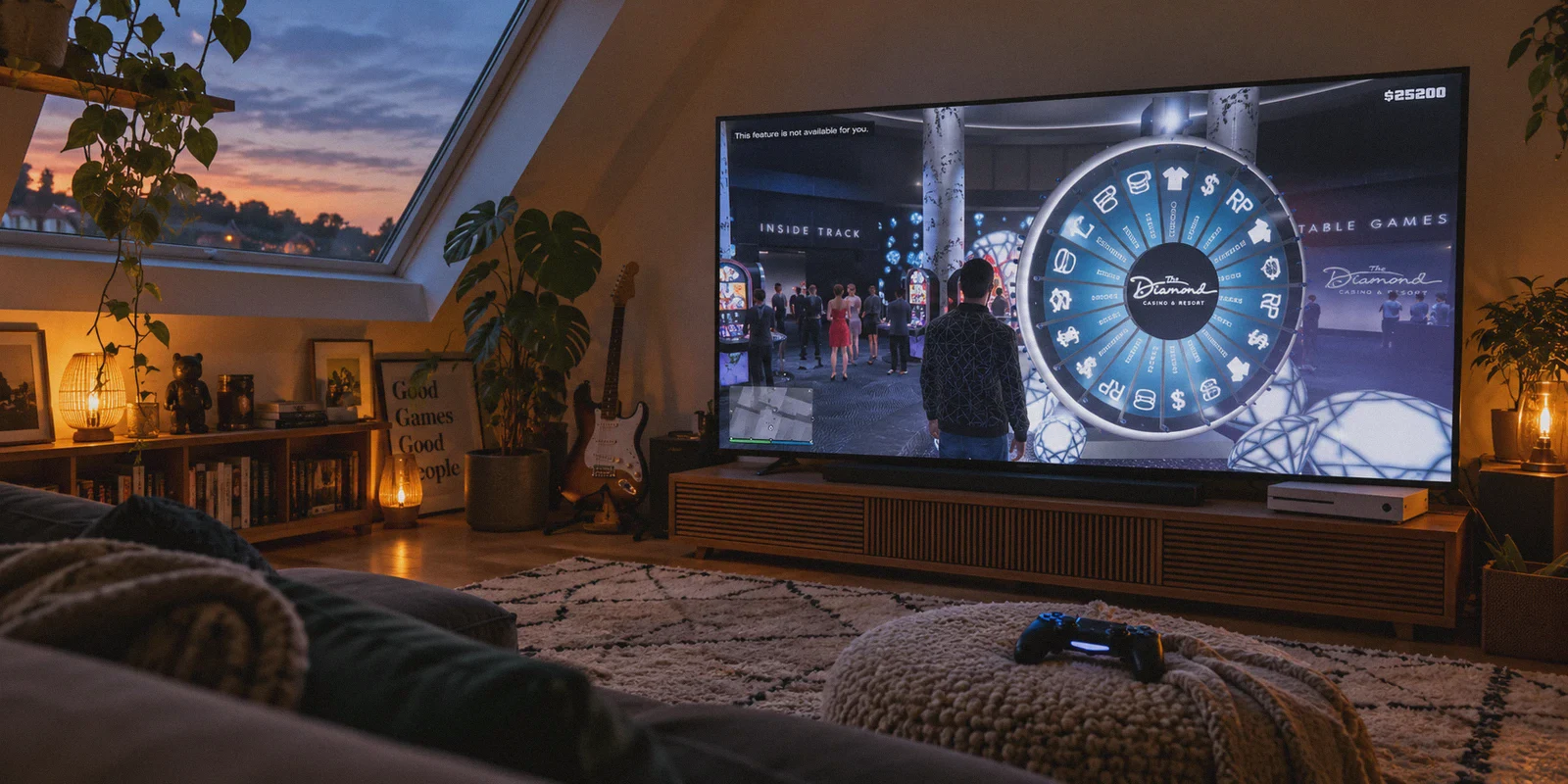 Television showing a restricted casino interaction in a game.