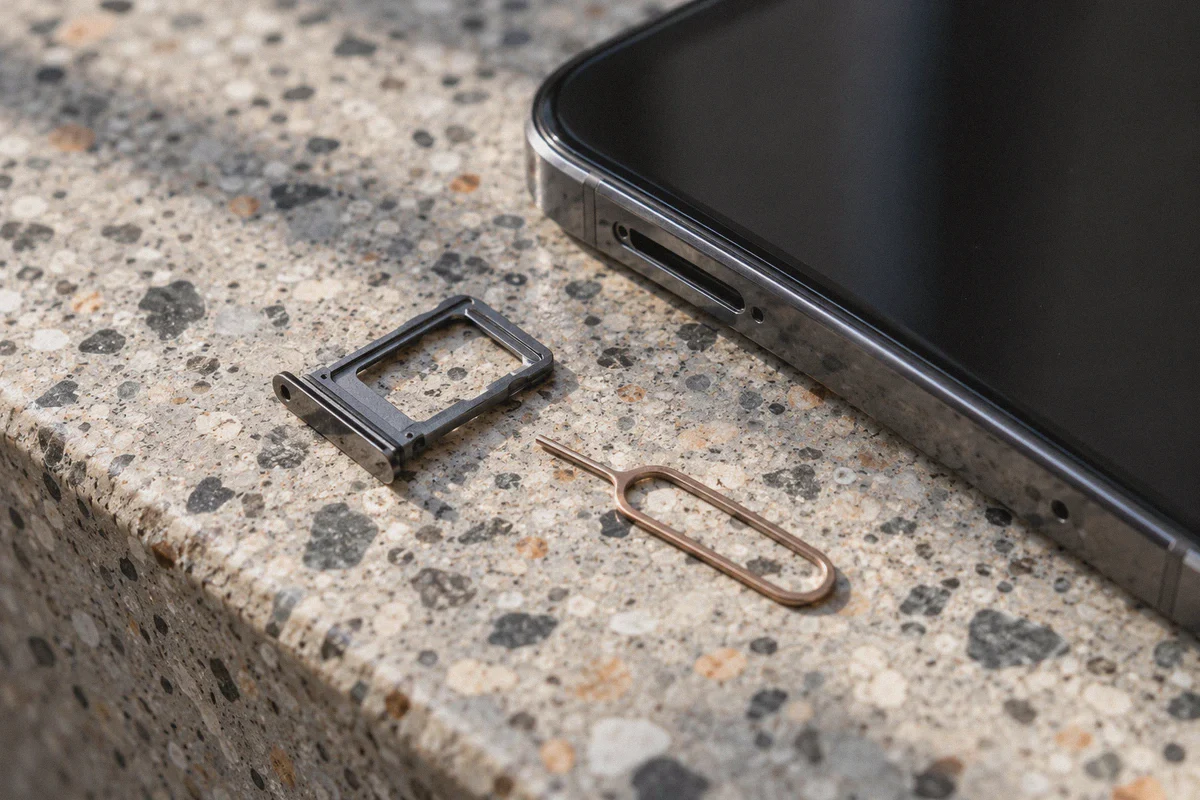 SIM tray and eject tool next to a phone.