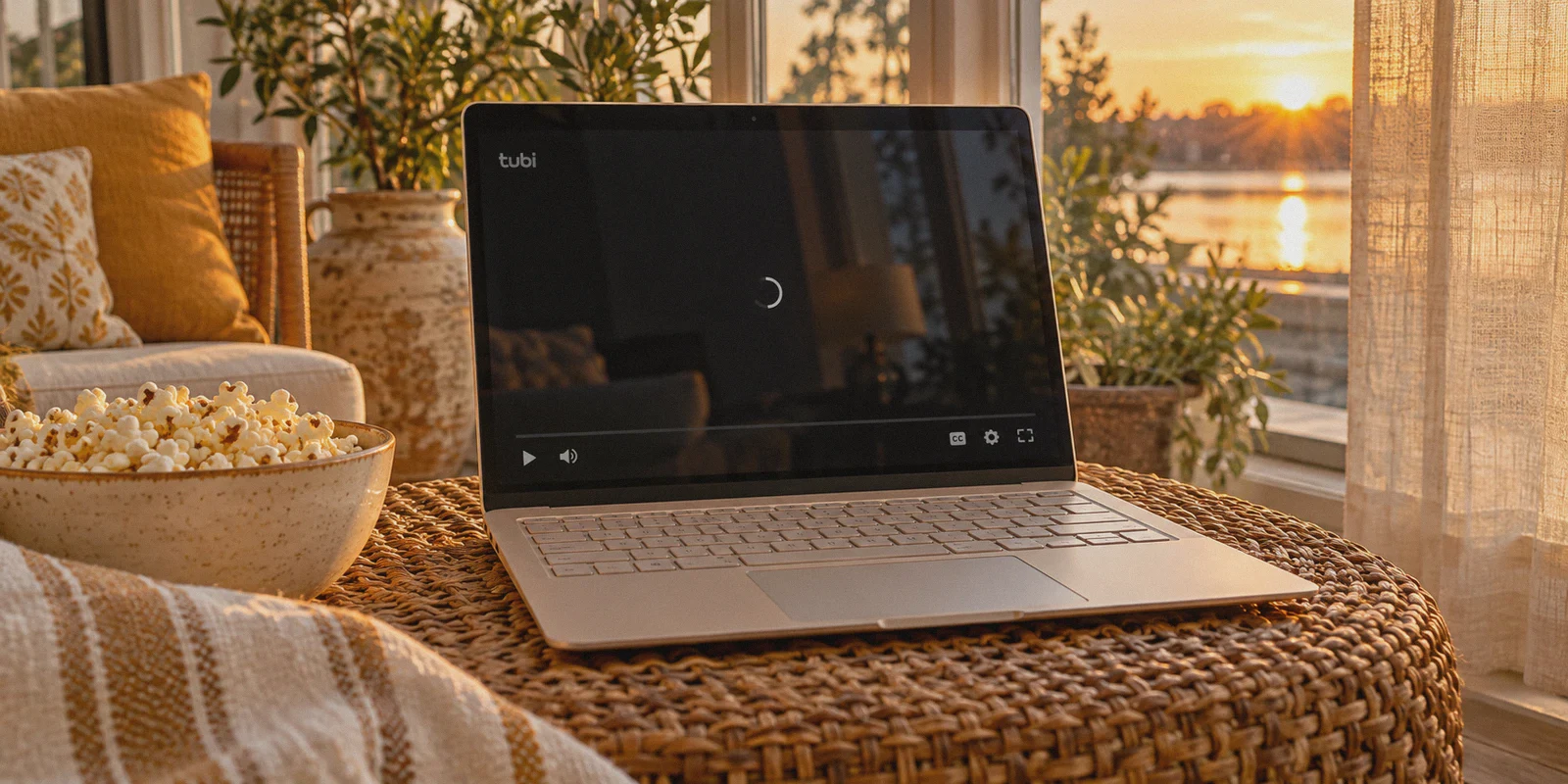 A Tubi video player waiting on a black screen in a sunroom.