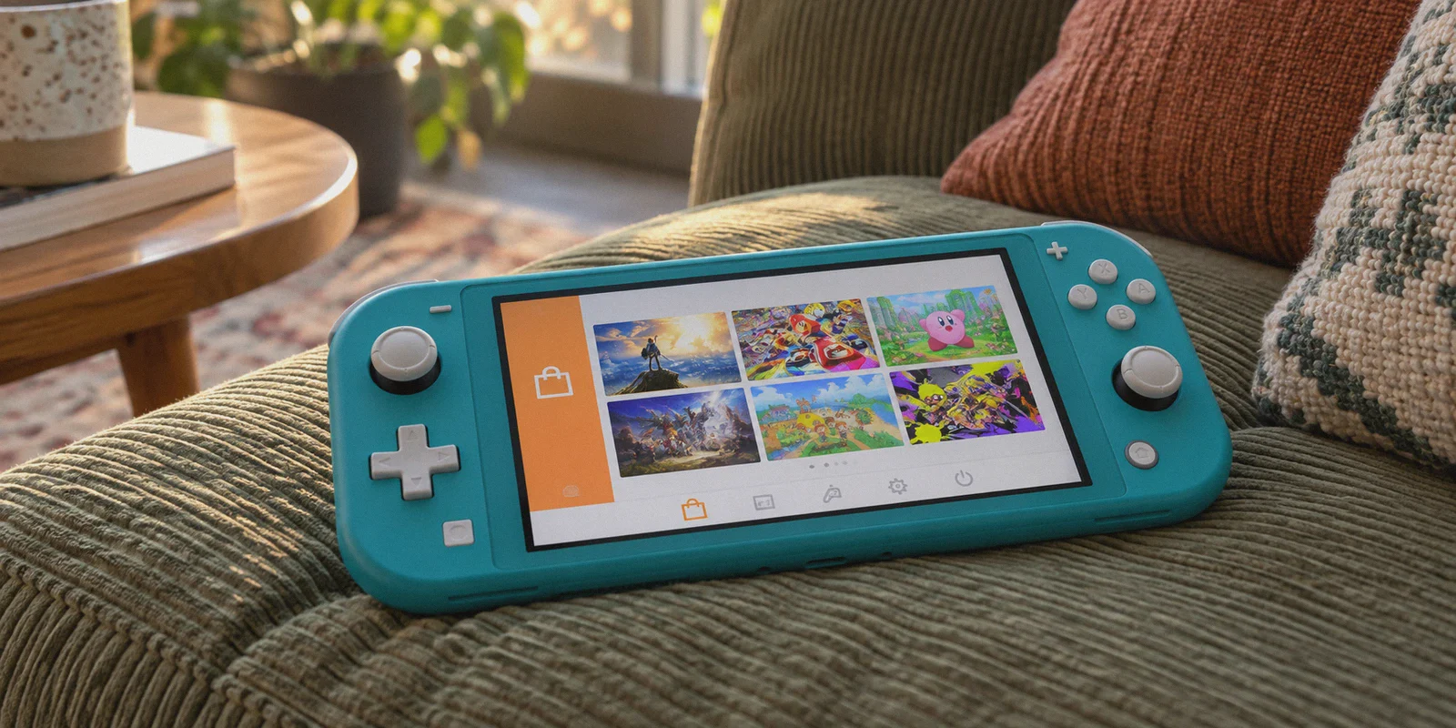 A handheld Nintendo Switch showing a digital game storefront.
