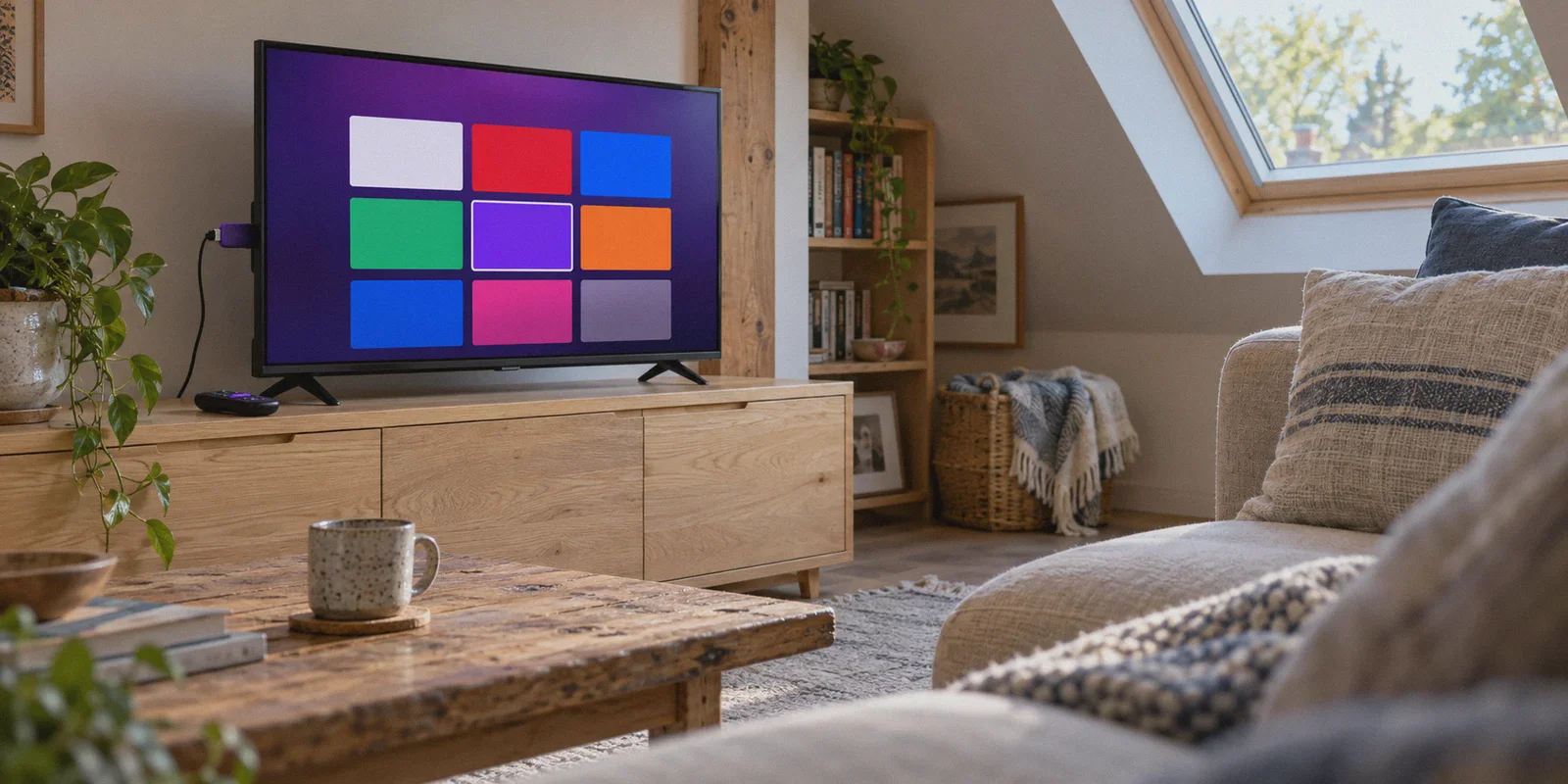 A streaming stick and television in a small home viewing space.
