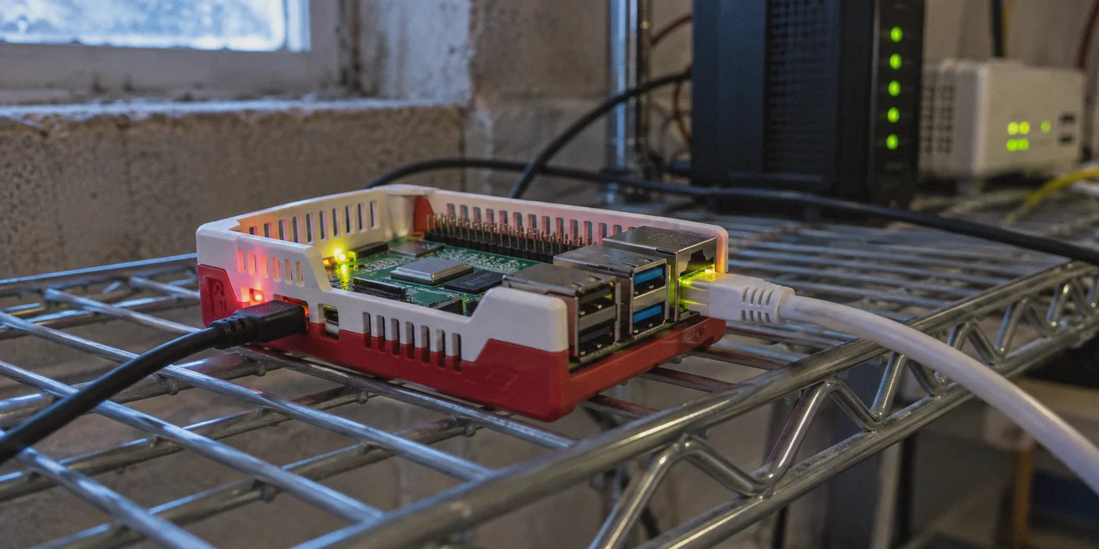 Powered Raspberry Pi connected to a home Ethernet network.