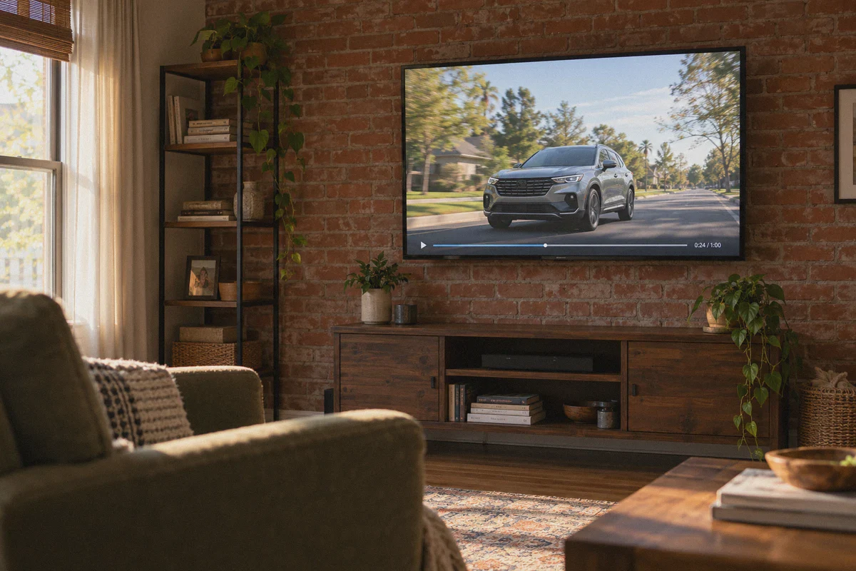 Video advertisement playing on a living-room television.