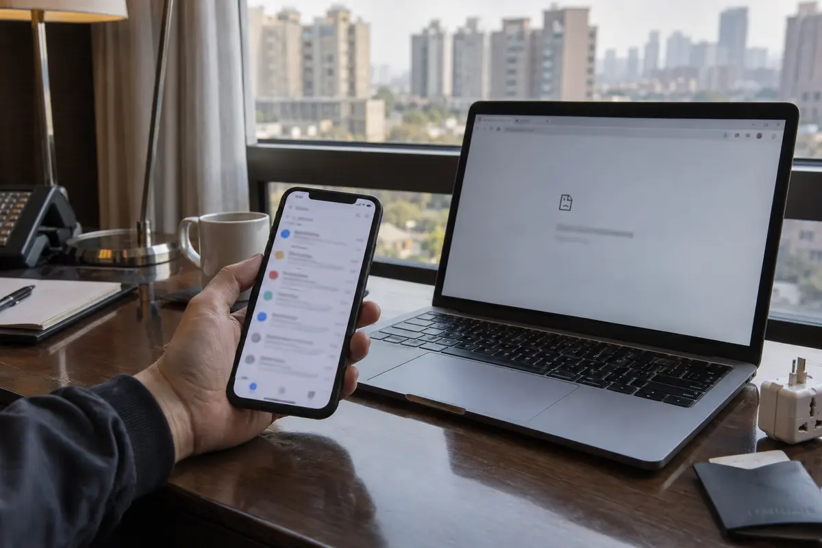 Email syncing on a phone while a laptop connection stalls in a Beijing hotel