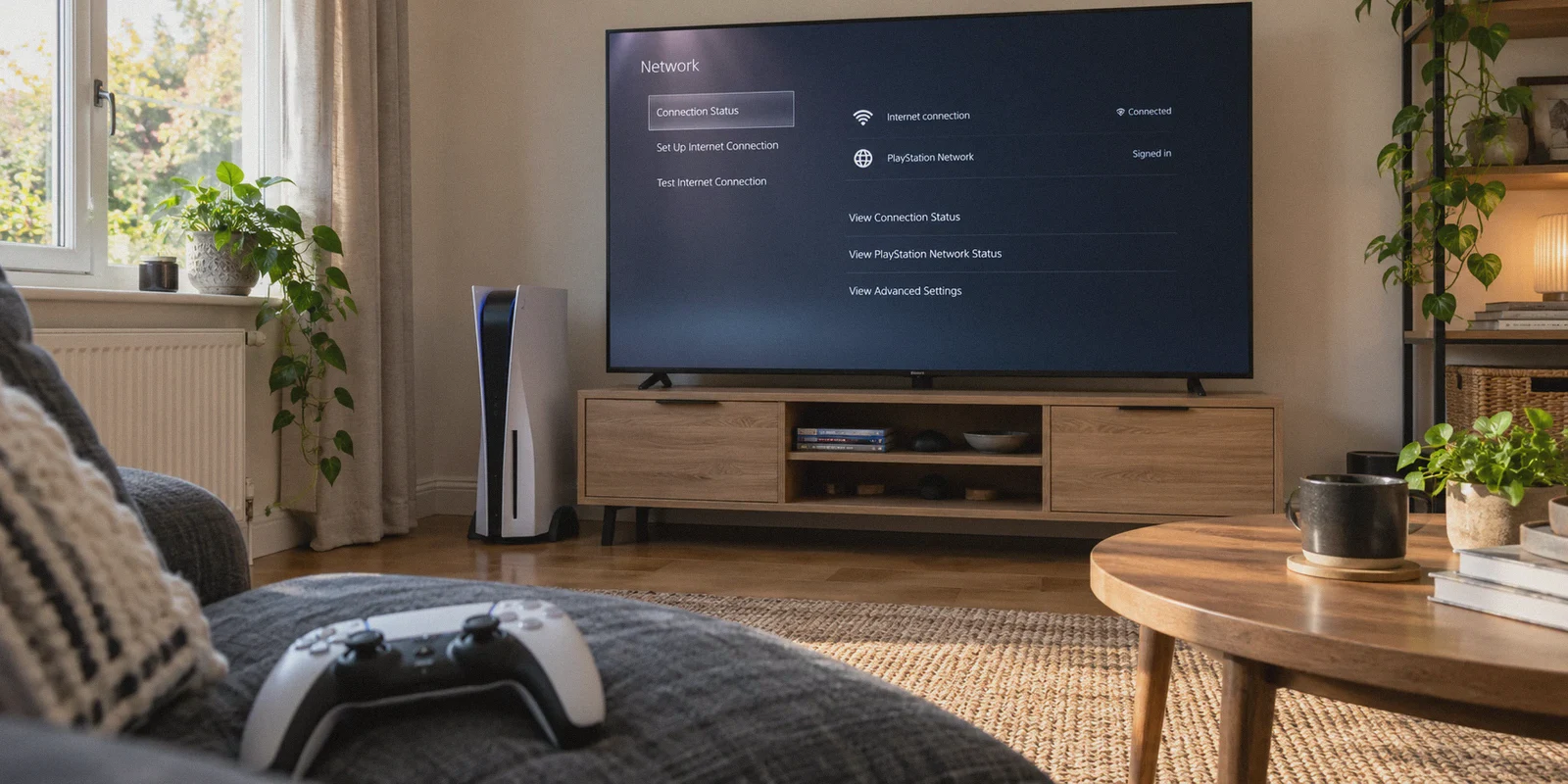 A PS5 and controller in a living room without a computer.