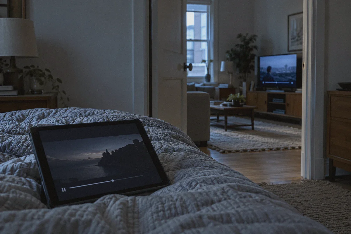 A tablet and a television used in separate rooms.
