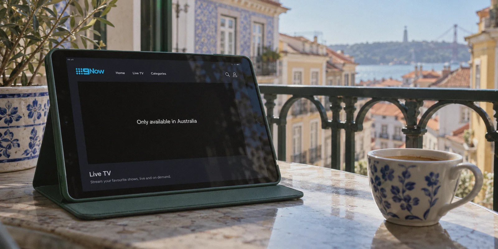 9Now regional restriction displayed on a tablet abroad.
