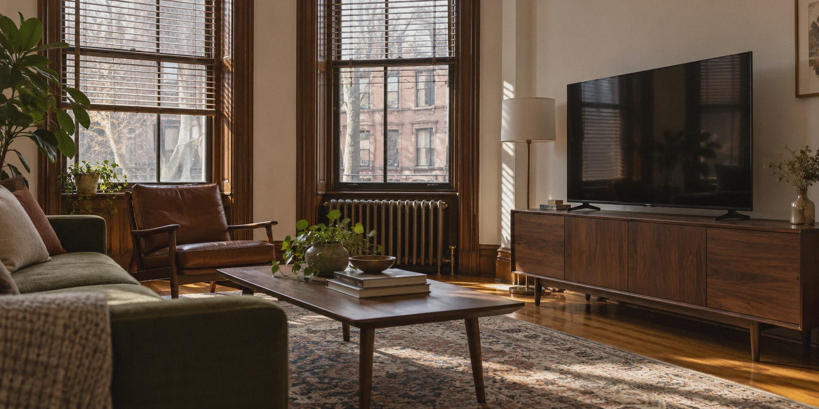 A television in an American brownstone living room.