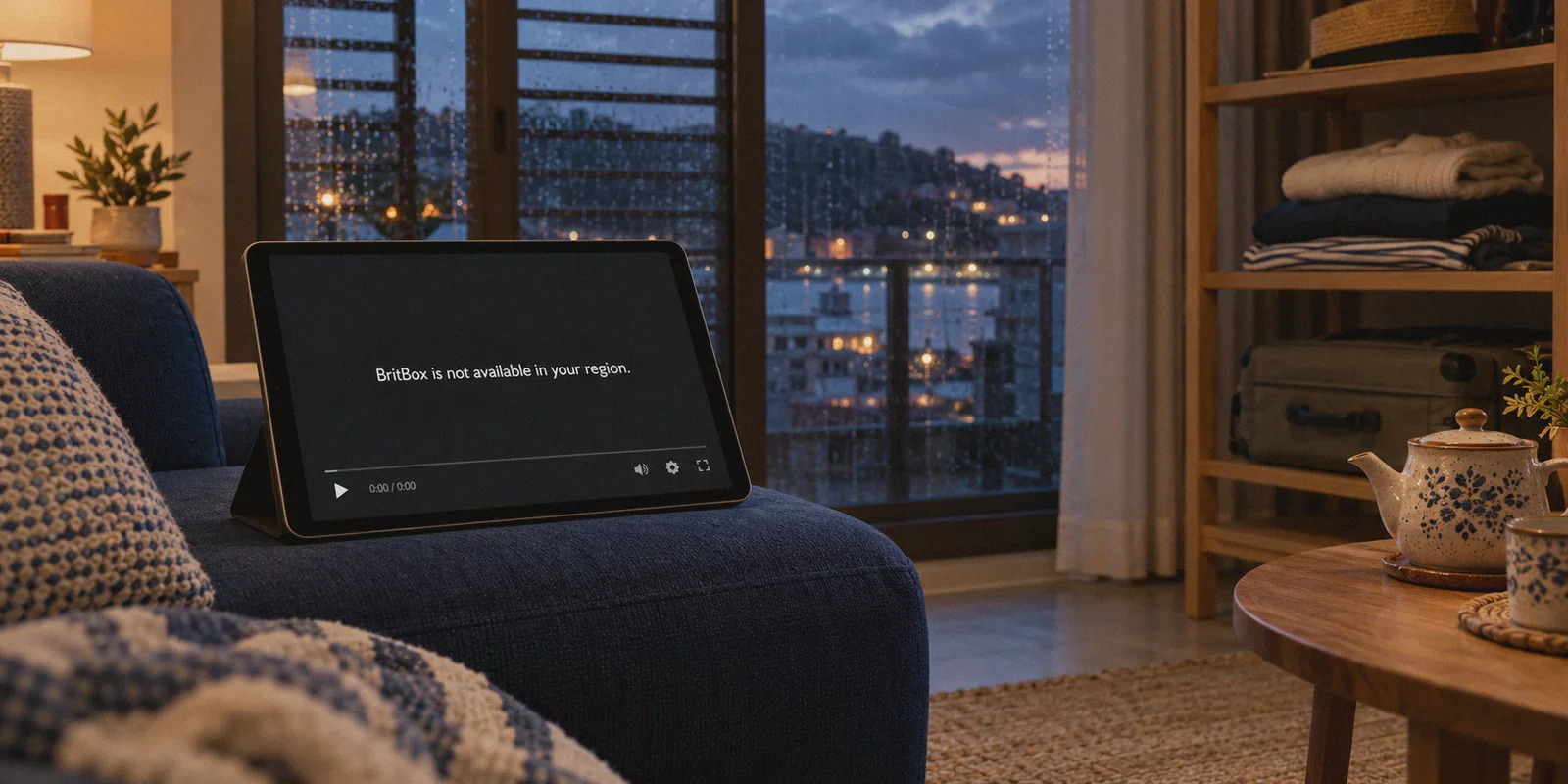 Tablet displaying a BritBox region-unavailable message in a holiday apartment.