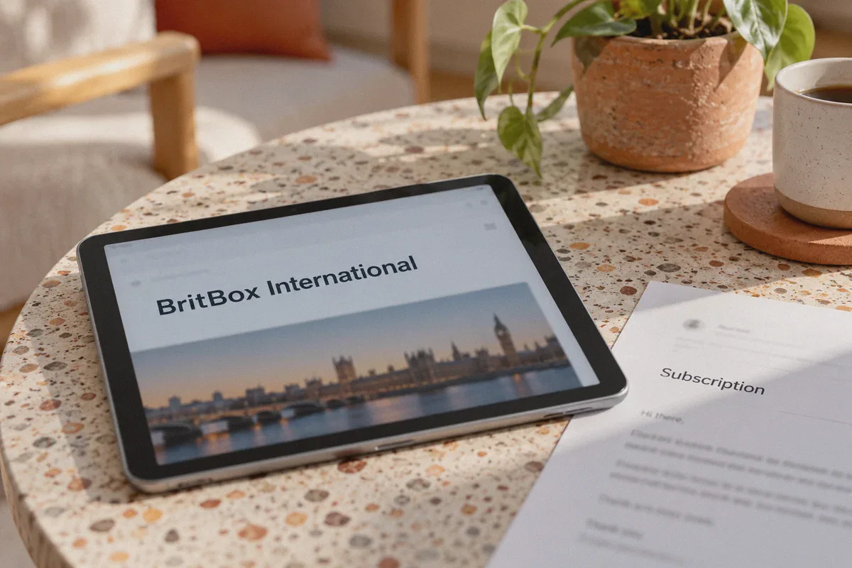 BritBox International account page beside subscription paperwork.