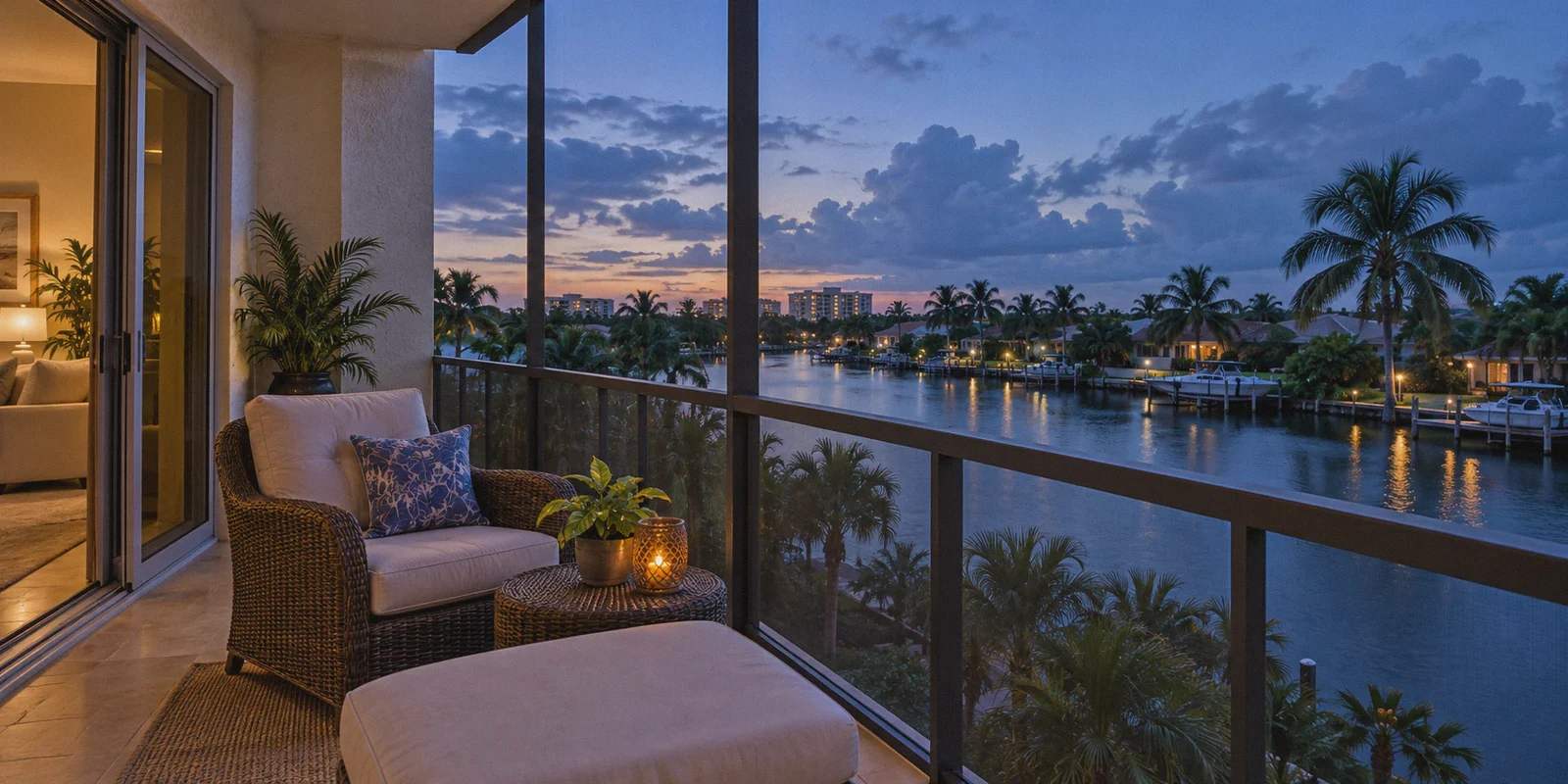 Palm-lined canal seen from a Florida vacation condo