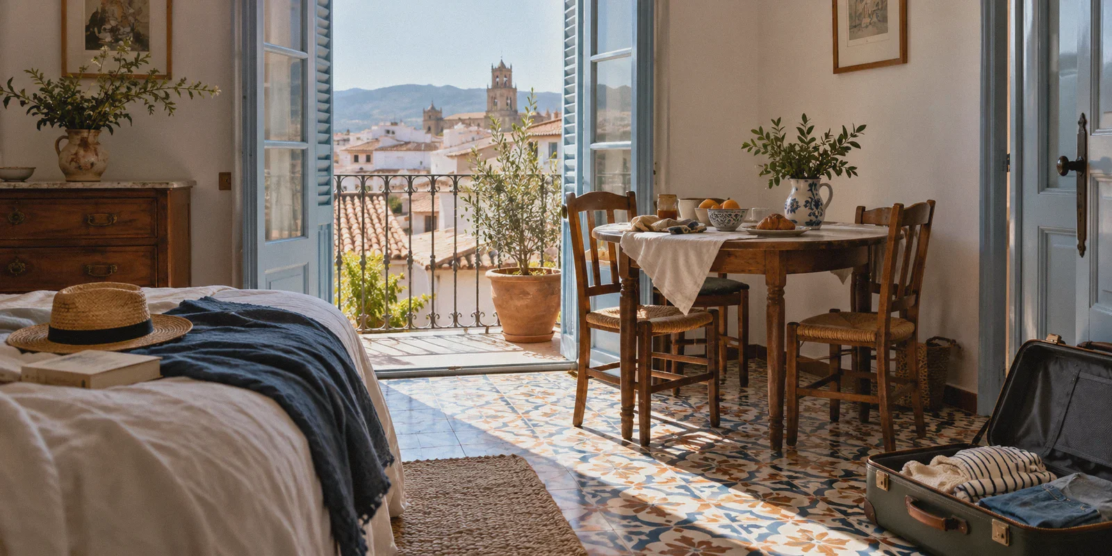 A quiet Spanish holiday apartment with patterned floor tiles.