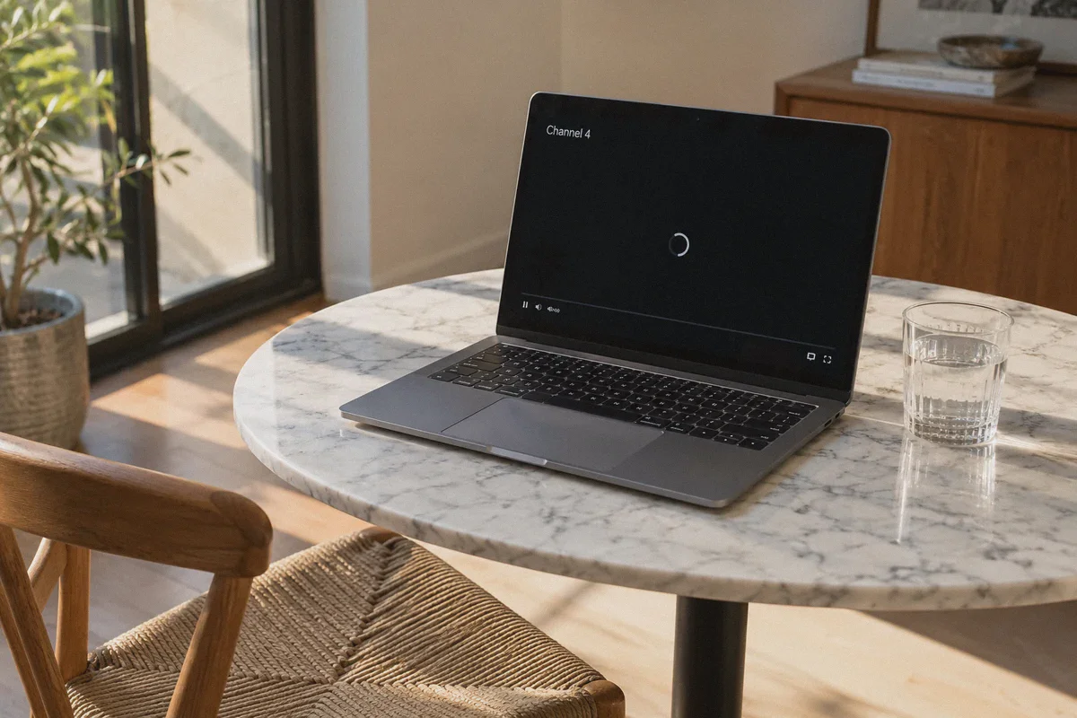 A slim laptop on a small round marble table displaying a minimal dark video player with Channel 4 in small type and a loading ring.