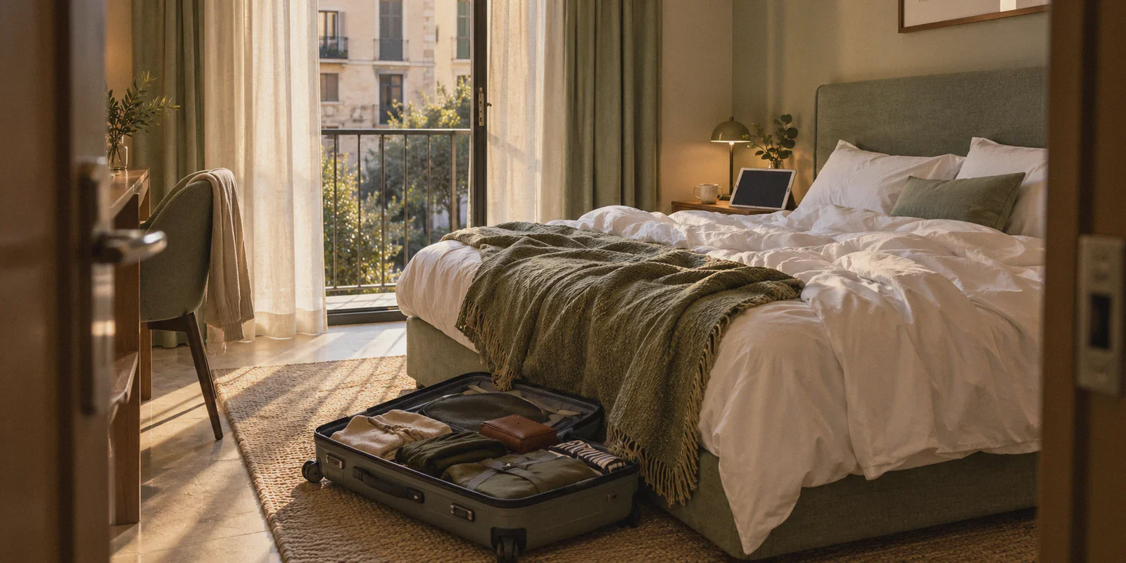 Hotel room with travel luggage and a tablet ready for viewing.