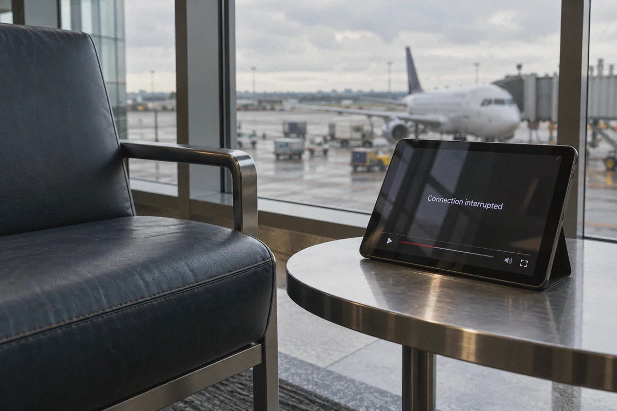 Tablet with interrupted playback in an airport lounge.