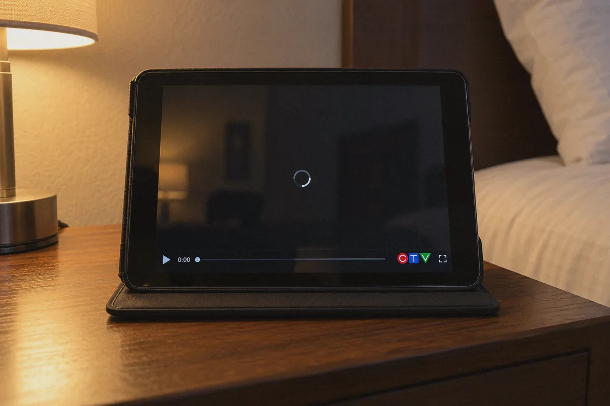 Tablet showing a CTV player stalled at zero seconds.