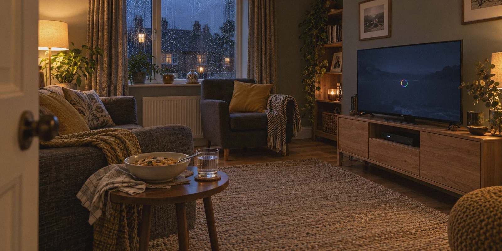 Evening living room with a Discovery+ player waiting to load.