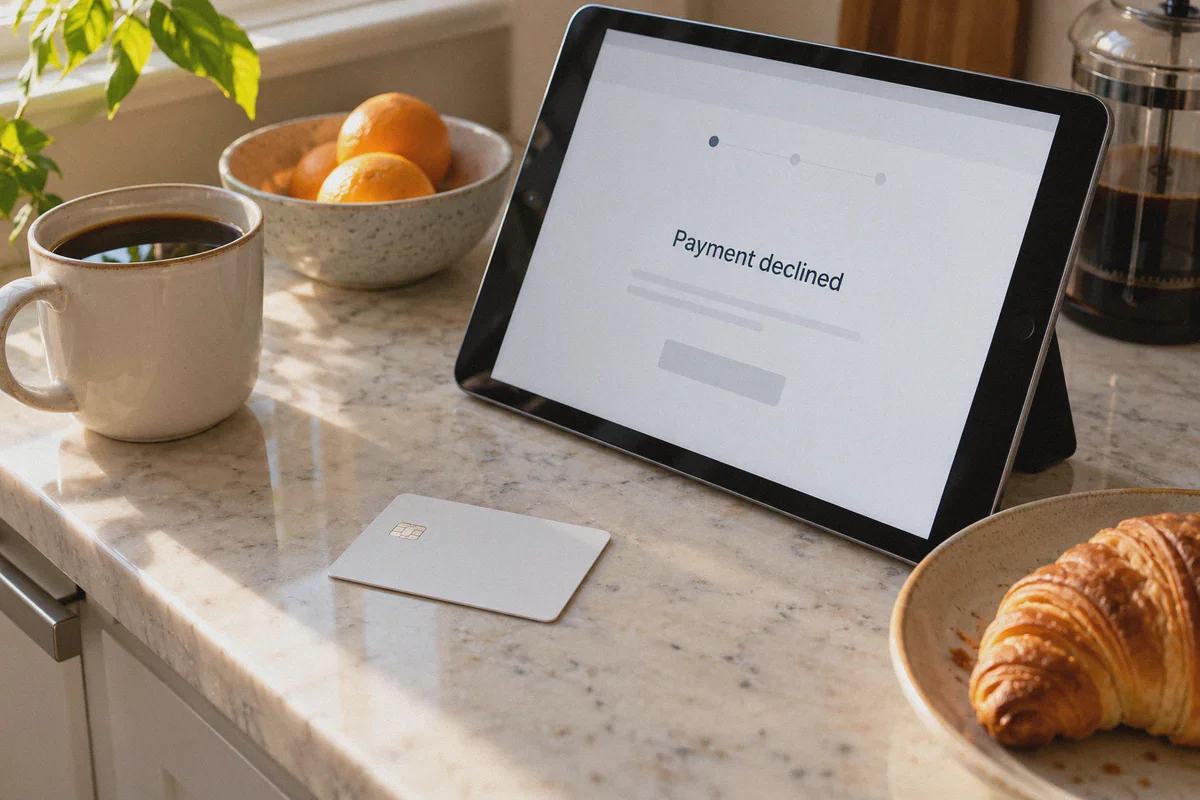Tablet checkout displaying a declined payment beside an unbranded card.