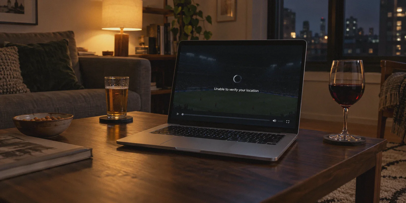 Laptop displaying a sports playback location error in a living room.