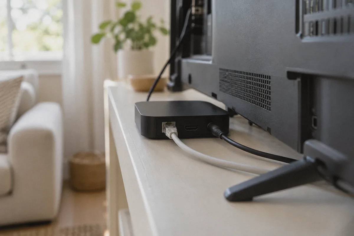Ethernet cable connected to a home streaming setup.