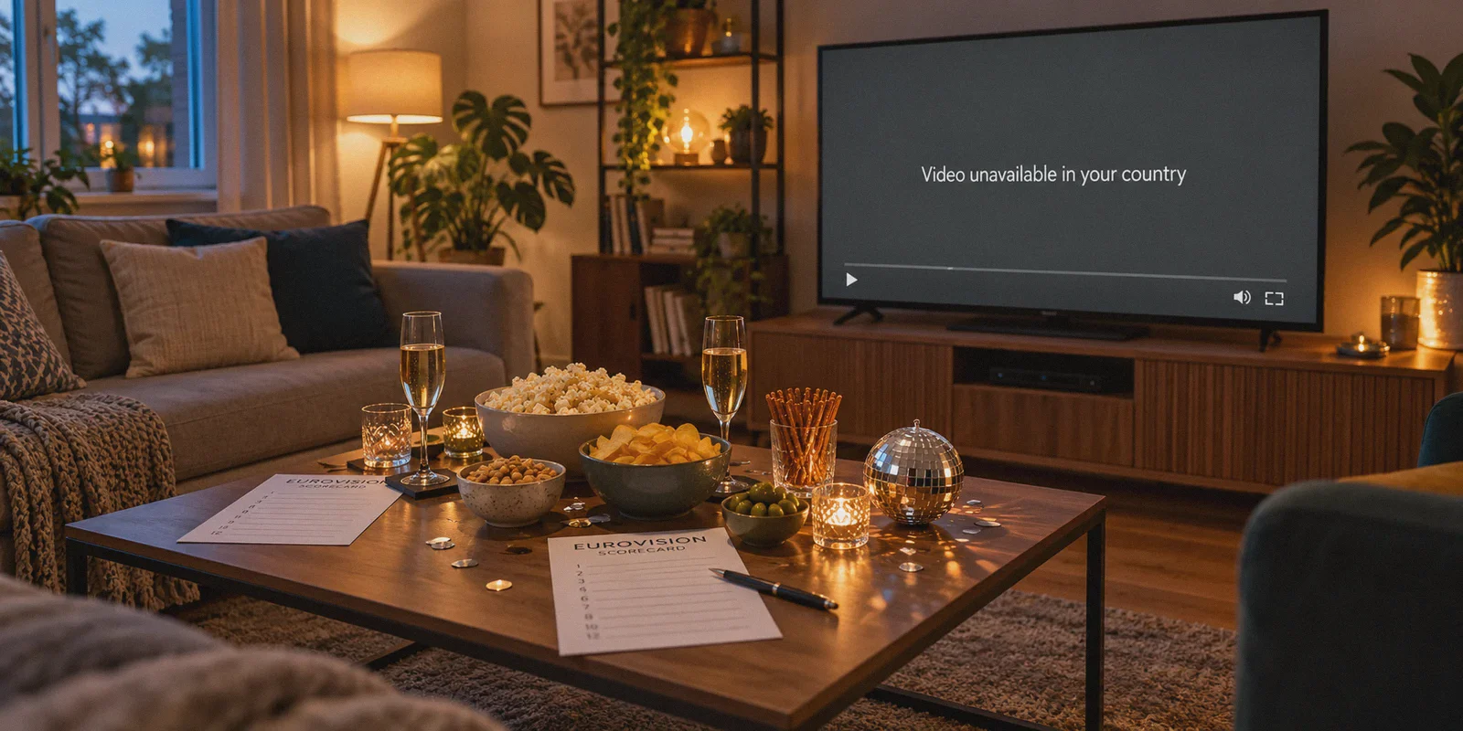 Television showing an unavailable video at a prepared Eurovision watch party.