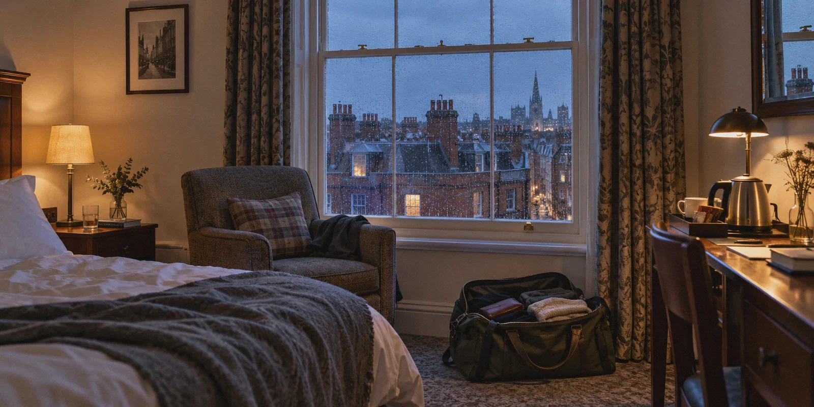 London hotel room with a travel bag beside the window.