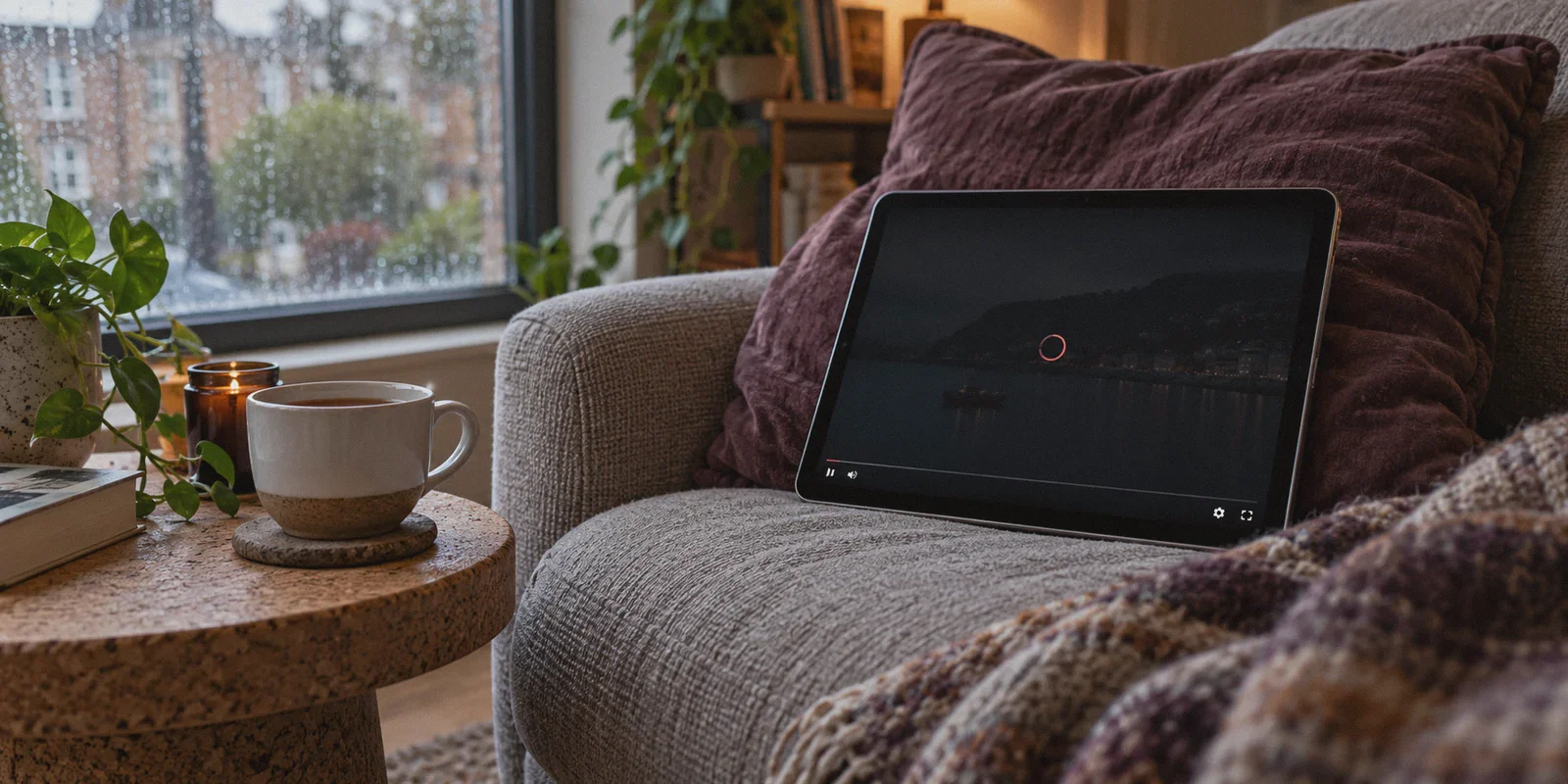 Tablet with a stalled video player on a sofa.