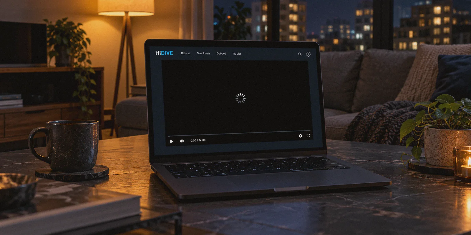 HIDIVE player stalled on a black screen with a buffering spinner.