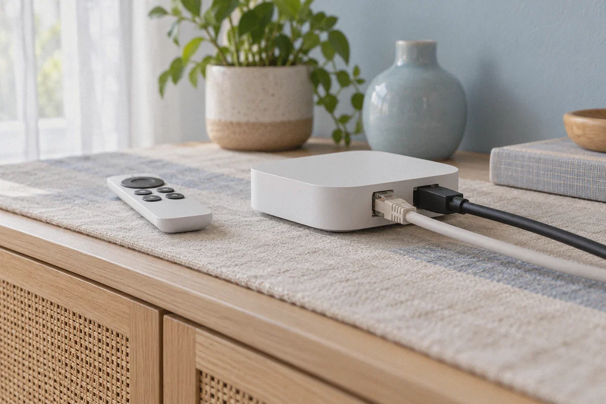 Streaming device with its network and video connections attached.
