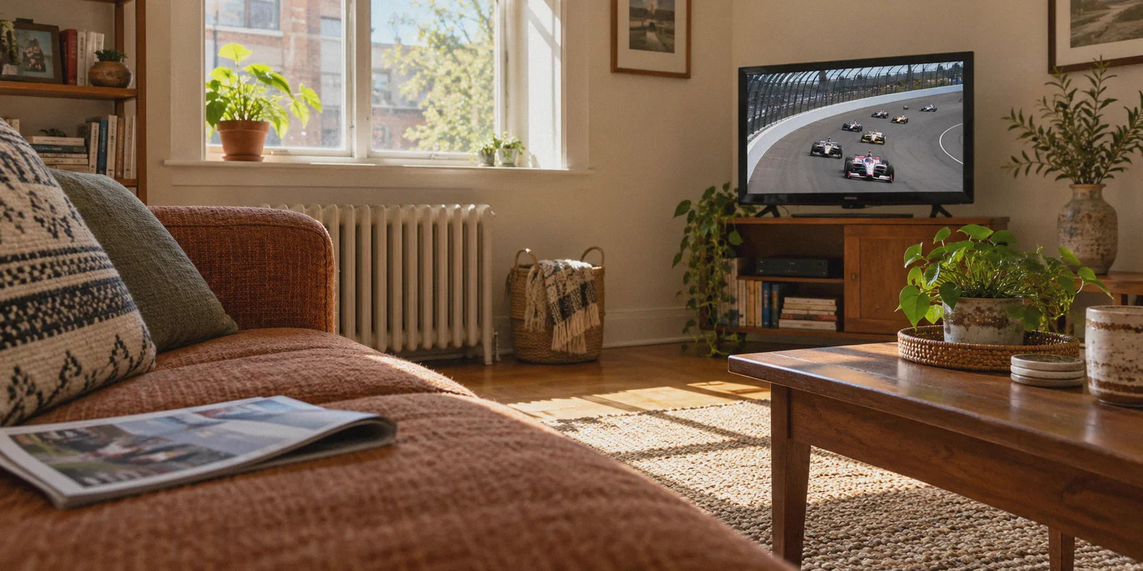 An open-wheel race on a television beside a sofa.