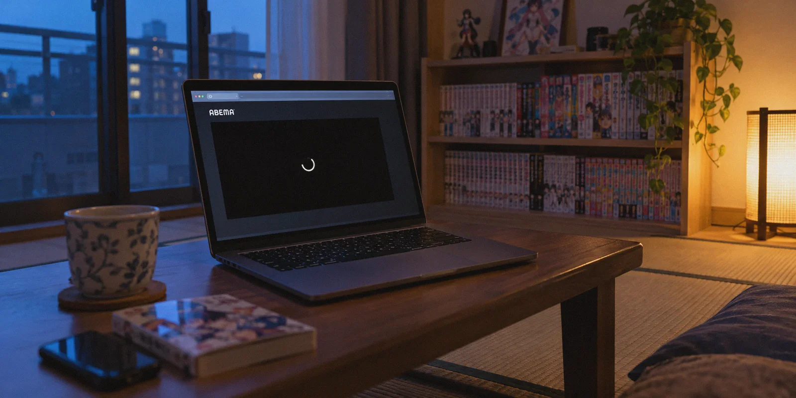 Laptop with an ABEMA player stuck on a loading screen.